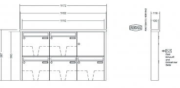 RENZ Briefkastenanlage Aufputz, Tetro, Edelstahl V4A, Kastenformat 370x330x100mm, 5-teilig